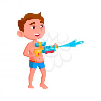 Boy Kid Playing With Water Gun On Beach Vector. Caucasian Preteen Child Play And Splashing With Water Gun On Seashore. Character Vacation Funny Active Time Flat Cartoon Illustration