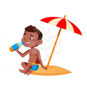 Boy Kid Sitting On Beach Under Umbrella Vector. African Preteen Child Guy Sit On Beach Sand And Drinking Soda Water From Bottle. Character Infant Funny Vacation Resting Flat Cartoon Illustration