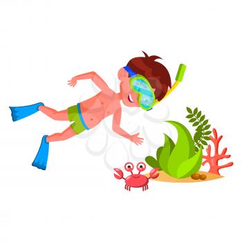 Boy Kid Swim And Research Underwater World Vector. Caucasian Preteen Child Diver Swimming With Facial Mask And Flippers In Sea And Researching Underwater World. Character Flat Cartoon Illustration