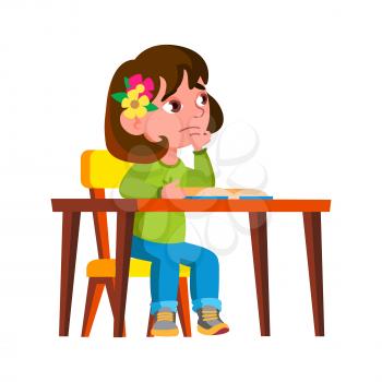 Thoughtful Girl Kid Dream In Classroom Vector. Thoughtful Schoolgirl Sitting At Table, Reading Book Interesting Story And Dream. Character Dreamy Enjoyment Flat Cartoon Illustration