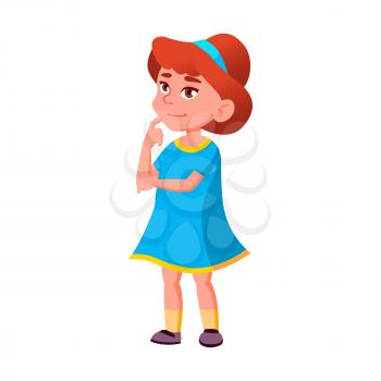 Thoughtful Girl Kid Thinking About Birthday Vector. Happy Thoughtful Schoolgirl Think And Dream About Celebration Party With Friends. Character With Positive Emotion Flat Cartoon Illustration