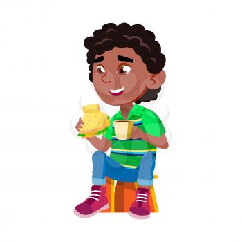 Boy Child Eating Sandwich And Drink Cocoa Vector. African Kid Sitting On Chair And Eat Healthy Tasty Sandwich And Drinking Beverage. Character Enjoying Delicacy Food Flat Cartoon Illustration