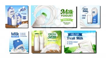 Milk Packages Creative Promo Posters Set Vector. Blank Bottle And Packaging, Glass With Straw And Natural Bio Milk Splash On Advertising Banners. Style Concept Template Illustrations