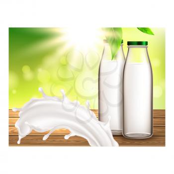 Fresh Milk Organic Product Promotion Banner Vector. Fresh Milk Blank Glass Bottles And Splash On Wooden Table, Advertising Poster Decorated Tree Branch Leaves. Style Concept Template Illustration