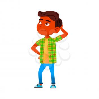Preteen Boy Thinking For Solving Problem Vector. Indian Child Looking At Sky And Thinking About Something. Thoughtful Character Small Kid Planning Strategy Flat Cartoon Illustration