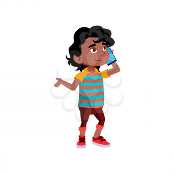 Boy Kid Calling And Talking On Smartphone Vector. African Child Call And Talk With Parents Or Friends On Smartphone Digital Device. Character Communication Flat Cartoon Illustration