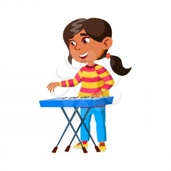 Girl Child Playing Music On Synthesizer Vector. Happy Hispanic Lady Performing Melody On Piano Synthesizer. Character Kid Player Practicing On Musician Instrument Flat Cartoon Illustration
