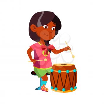 Girl Kid Playing On Drum Musical Instrument Vector. Indian Little Lady Play Classic Music On Drum With Sticks. Character Sound Performer Practicing On Lesson Flat Cartoon Illustration