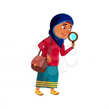 Schoolgirl Scientist Research By Magnifier Vector. Arabian Preteen School Girl Scientist Researching With Magnifying Glass. Character Profession Discovery Studying Flat Cartoon Illustration