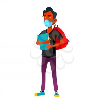 Teen Boy Wearing Facial Mask Go To College Vector. Teenager Student With Mask On Face, Backpack And Book Going To University. Character Health Protect Medical Accessory Flat Cartoon Illustration