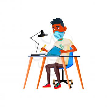 Teen Boy Wearing Facial Mask And Studying Vector. Teenager Wear Protective Face Mask Learning In University Or Reading Book In Library. Character Student Educate Flat Cartoon Illustration