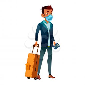 Teen Boy Wearing Facial Mask In Airport Vector. Teenager With Luggage Wear Protective Face Mask Standing In Railway Station. Character Health Protection Accessory Flat Cartoon Illustration