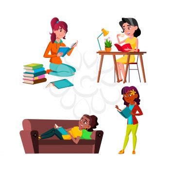 Teen Girls Reading Educational Book Set Vector. Teenagers Lady Read Education Book At Table And On Couch, Sitting On Floor And In Library. Characters Knowledge Flat Cartoon Illustrations