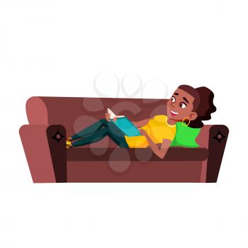 Teenager Girl Reading Funny Book On Couch Vector. African Teen Lady Laying On Sofa Furniture And Read Interesting Comedy Story In Book. Character Enjoying Flat Cartoon Illustration