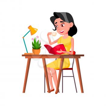 Teen Girl Reading Interesting Book At Table Vector. Teenager Lady Drinking Morning Energy Coffee And Read Book At Desk. Character Enjoying Literature Story Flat Cartoon Illustration