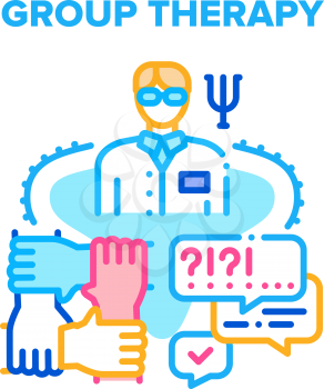 Group Therapy Vector Icon Concept. Counselor Therapist Doctor Coach Psychologist Speak And Counseling On Group Therapy Session. Collective Psychological Medical Support Color Illustration