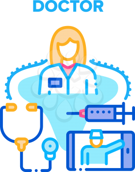 Doctor Worker Vector Icon Concept. Woman Doctor Worker With Stethoscope Tool For Examination Patient And Syringe For Make Injection With Medicaments. Online Consultation Phone App Color Illustration
