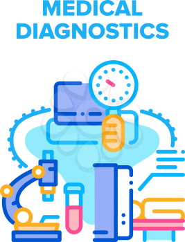Medical Diagnostics Vector Icon Concept. Medical Diagnostics Professional Equipment For Patient Examination, Mri Electronic Machine And Blood Measuring Tool. Laboratory Microscope Color Illustration