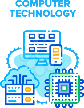 Computer Technology Vector Icon Concept. Server Database For Storaging Data Information And Microchip, Pc Screen And Smartphone Digital Electronic Computer Technology Color Illustration