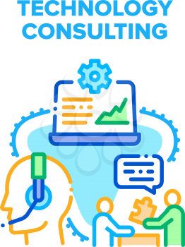 Technology Consulting Vector Icon Concept. Technology Consulting Worker Advising Customer Online, Support Service Advisor Consult Client On Call Or In Electronics Store Color Illustration