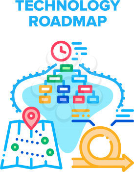 Technology Roadmap Vector Icon Concept. Technology Roadmap For Showing Driver Way Direction, Digital Gps Media System. Navigation Device For Counting Distance And Time Color Illustration