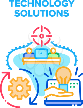 Technology Solutions Vector Icon Concept. Technology Solutions For Planning Strategy And Developing Startup, Innovation Creative Idea. Smart Electronic Device And Software Color Illustration