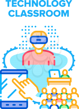 Technology Classroom Vector Icon Concept. Technology Classroom For Studying School Or University Subject. Digital Tablet And Virtual Reality Glasses Device For Learning Lesson Color Illustration