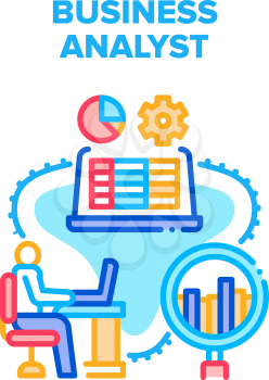 Business Analyst Vector Icon Concept. Business Analyst Monitoring And Analyzing Price On Trade Market, Researching Infographic Working Process. Businessman Occupation Color Illustration