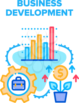 Business Development Vector Icon Concept. Business Development And Planning Strategy Process, Growth Financial Wealth And Researching Infographic. Developing Working Mechanism Color Illustration