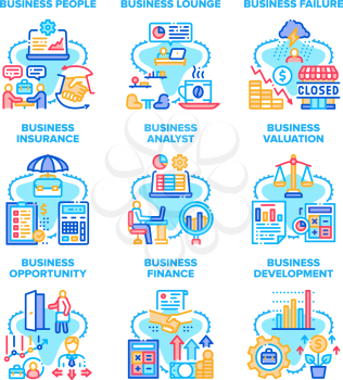 Business Analyst Set Icons Vector Illustrations. Business Analyst People And Lounge Zone, Failure And Insurance, Valuation And Finance, Opportunity And Development Color Illustrations