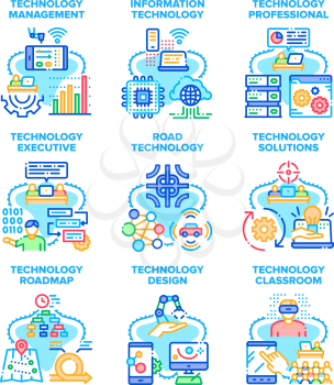 Technology Solution Set Icons Vector Illustrations. Technology Solution And Professional Management, Classroom Information And Road System, Design And Roadmap. Tech Innovation Color Illustrations