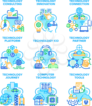 Computer Technology Set Icons Vector Illustrations. Computer Technology And Innovation Platform, Partner Consulting And Journey, Kid Tools And Connection Device Color Illustrations