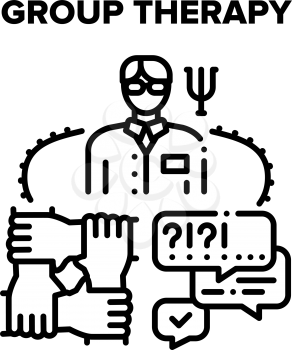 Group Therapy Vector Icon Concept. Counselor Therapist Doctor Coach Psychologist Speak And Counseling On Group Therapy Session. Collective Psychological Medical Support Black Illustration
