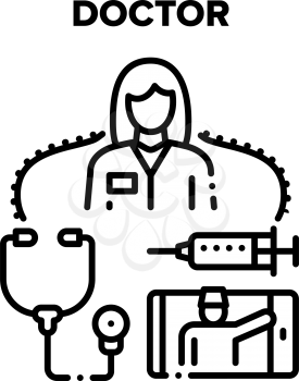 Doctor Worker Vector Icon Concept. Woman Doctor Worker With Stethoscope Tool For Examination Patient And Syringe For Make Injection With Medicaments. Online Consultation Phone App Black Illustration