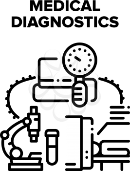 Medical Diagnostics Vector Icon Concept. Medical Diagnostics Professional Equipment For Patient Examination, Mri Electronic Machine And Blood Measuring Tool. Laboratory Microscope Black Illustration