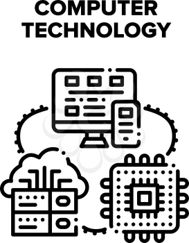 Computer Technology Vector Icon Concept. Server Database For Storaging Data Information And Microchip, Pc Screen And Smartphone Digital Electronic Computer Technology Black Illustration