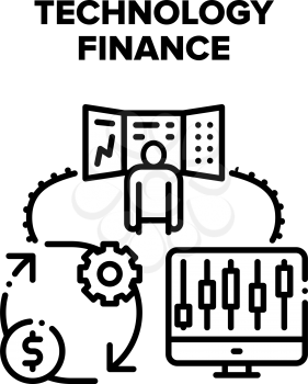 Technology Finance Vector Icon Concept. Digital Technology Finance Market Monitoring And Trade Financial Graph, Money Currency Exchange And Researching Price Infographic Black Illustration