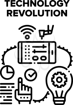 Technology Revolution Vector Icon Concept. Online Setting Digital Machine With Smartphone Application, Idea For Developing Innovation Software Or Robot, Technology Revolution Black Illustration