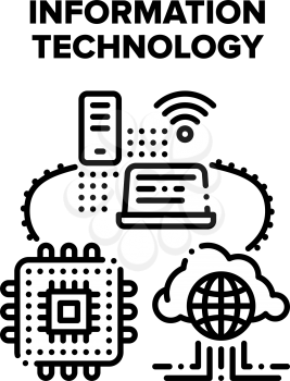 Informational Technology Vector Icon Concept. Informational Technology For Communication, Mobile Phone And Laptop Wireless Network Connection, Microchip And Cloud Storage Black Illustration