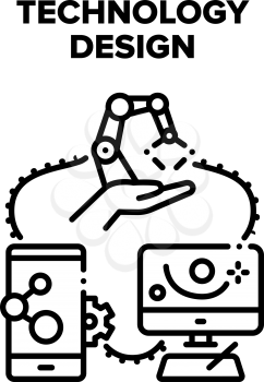 Technology Design Vector Icon Concept. Technology Design And Creation, Developing And Programming Robotic Arm, Painting And Drawing Image Working Process On Computer Screen Black Illustration