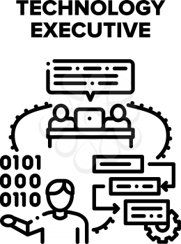Technology Executive Vector Icon Concept. Technology Executive Project Manager Controlling Working Process And Stages. Comunicate And Explaining Task. Leader Professional Occupation Black Illustration