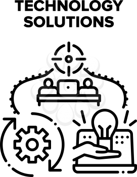 Technology Solutions Vector Icon Concept. Technology Solutions For Planning Strategy And Developing Startup, Innovation Creative Idea. Smart Electronic Device And Software Black Illustration
