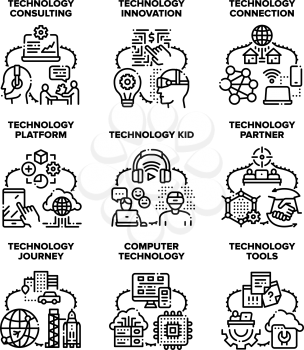 Computer Technology Set Icons Vector Illustrations. Computer Technology And Innovation Platform, Partner Consulting And Journey, Kid Tools And Connection Device Black Illustration