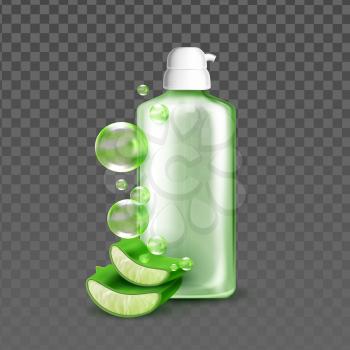 Liquid Soap With Aloe Natural Ingredient Vector. Liquid Soap Blank Bottle With Pump, Soapy Bubbles And Healthcare Plant. Hygiene Product For Washing Hands And Face Template Realistic 3d Illustration