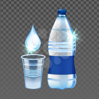Mineral Water Drop, Cup And Blank Bottle Vector. Mineral Water Dropping In Plastic Mug And Package. Drinking Fresh Purity Natural Healthcare Drink Template Realistic 3d Illustration