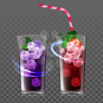 Natural Berries Refreshment Juicy Drink Vector. Cold Cocktail Drink Prepared From Strawberry And Blueberry Or Blackberry Juice Ingredient And Mint Leaves In Glass. Template Realistic 3d Illustration