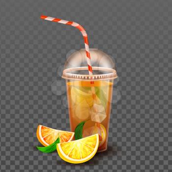 Orange Juice Cup With Ice Cubes And Straw Vector. Cold Prepared From Orange Juicy Ingredient And Mint Leaves. Relaxing Refreshment Beverage Package With Citrus Template Realistic 3d Illustration