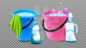 Bucket With Detergent Blank Bottle And Rag Vector. Bucket With Chemical Liquid And Microfiber Napkin For Washing Floor. Clean Housekeeping Accessory Template Realistic 3d Illustration
