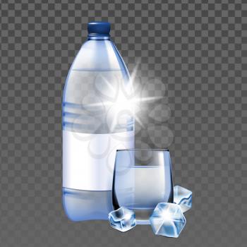 Mineral Water With Ice Cubes Cup And Bottle Vector. Refreshment Healthy Mineral Water Blank Package And Glass. Drinking Freshness Purity Natural Drink Template Realistic 3d Illustration