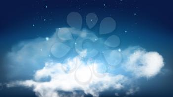 Night Starry Sky With Flying Fluffy Clouds Vector. Beautiful Atmospheric Clouds And Glowing Stars Nature Decoration. Seasonal Cloudy And Environment. Atmosphere Phenomenon Template 3d Illustration